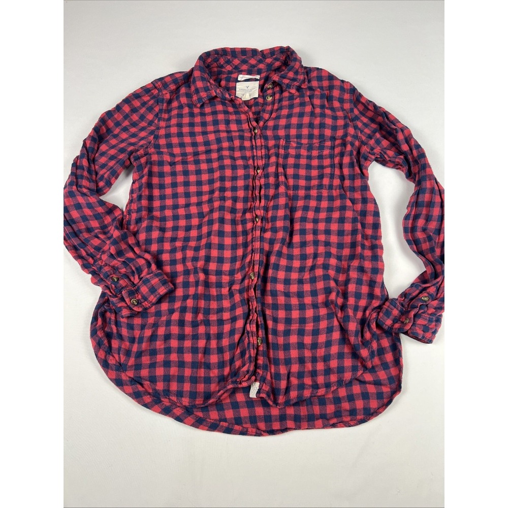 American Eagle Outfitters Red Navy Blue Buffalo Plaid Flannel Boyfriend Shirt M